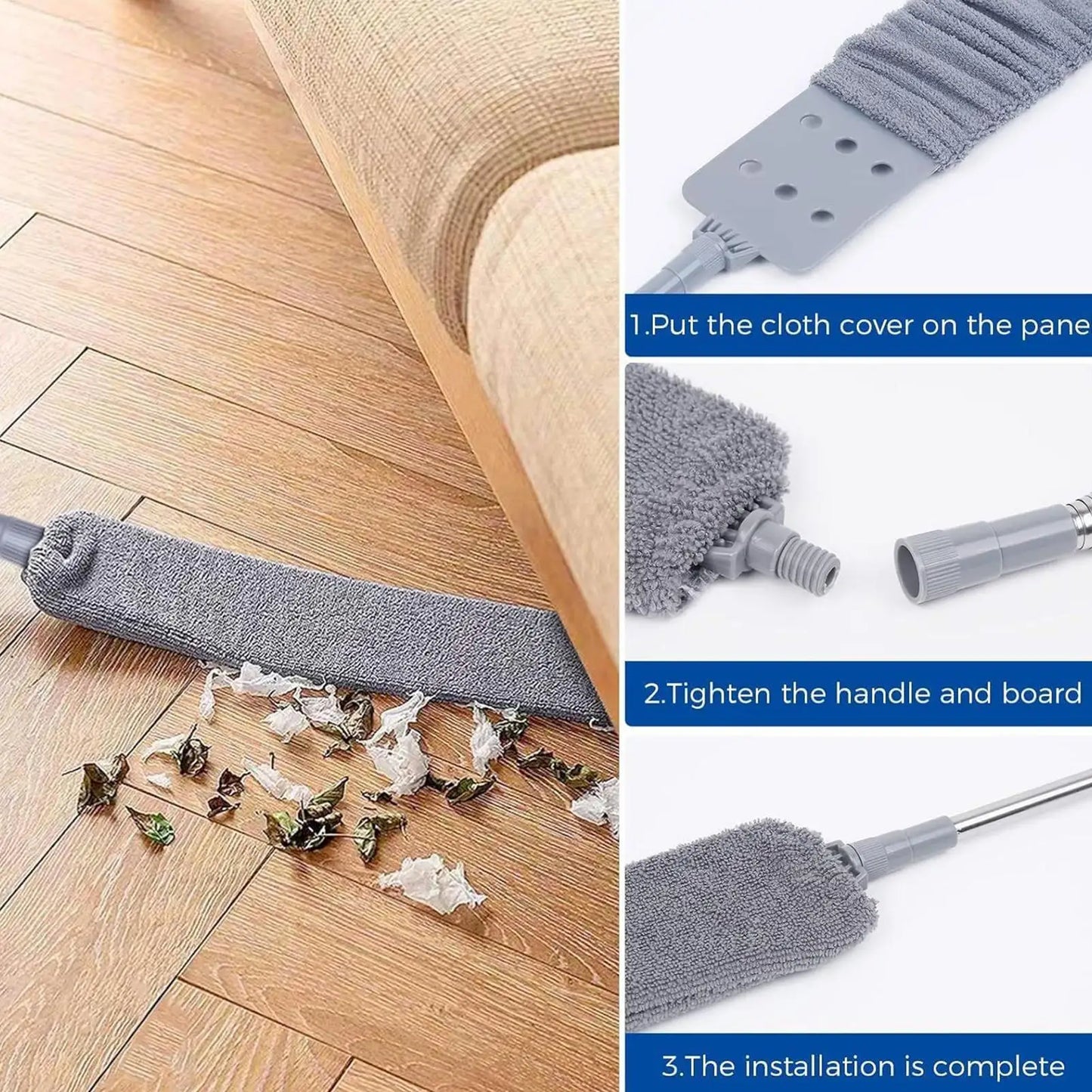 Floor Flat Duster Retractable Flat Cleaning Supplies Multipurpose Microfiber Duster Under Appliance Cleaning Tool For Home