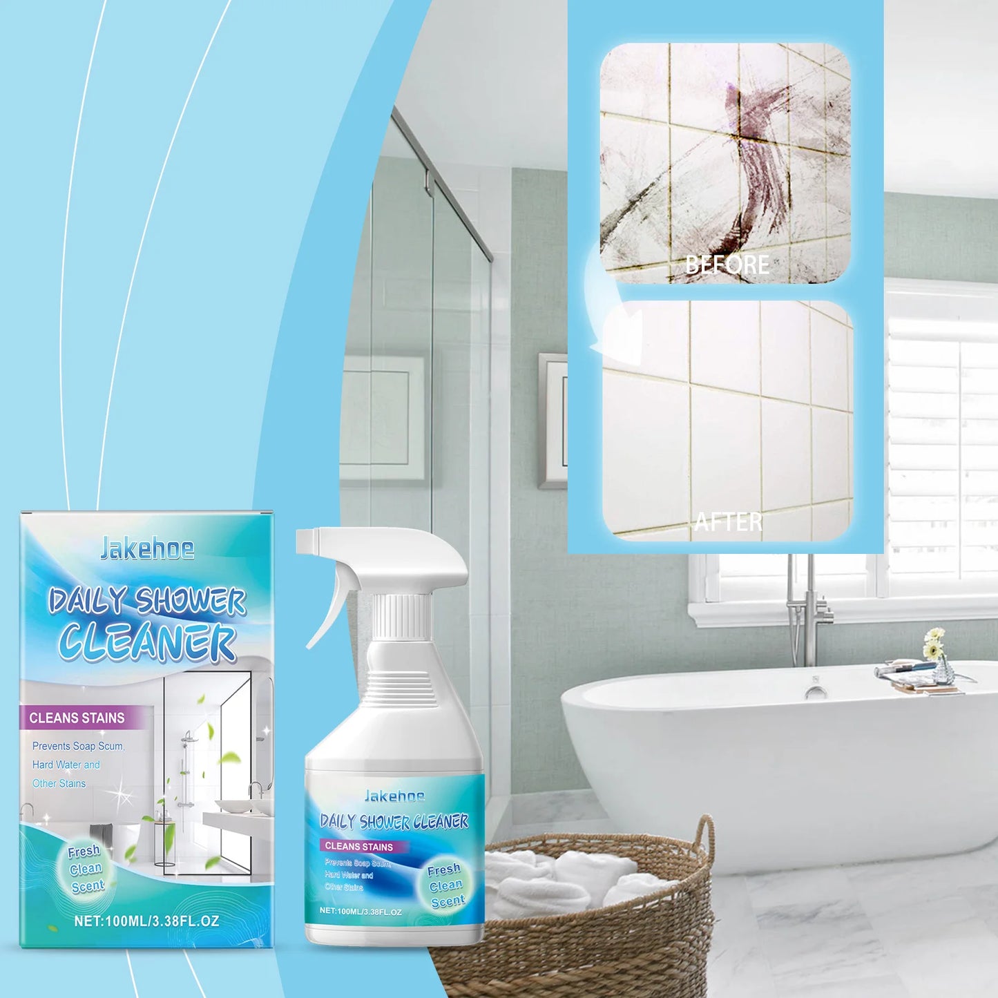 Jakehoe  Daily Shower Cleaner No-Rinse, No-Scrub, Daily Spray for Glass, Tile, Grout, Fresh Clean Scent