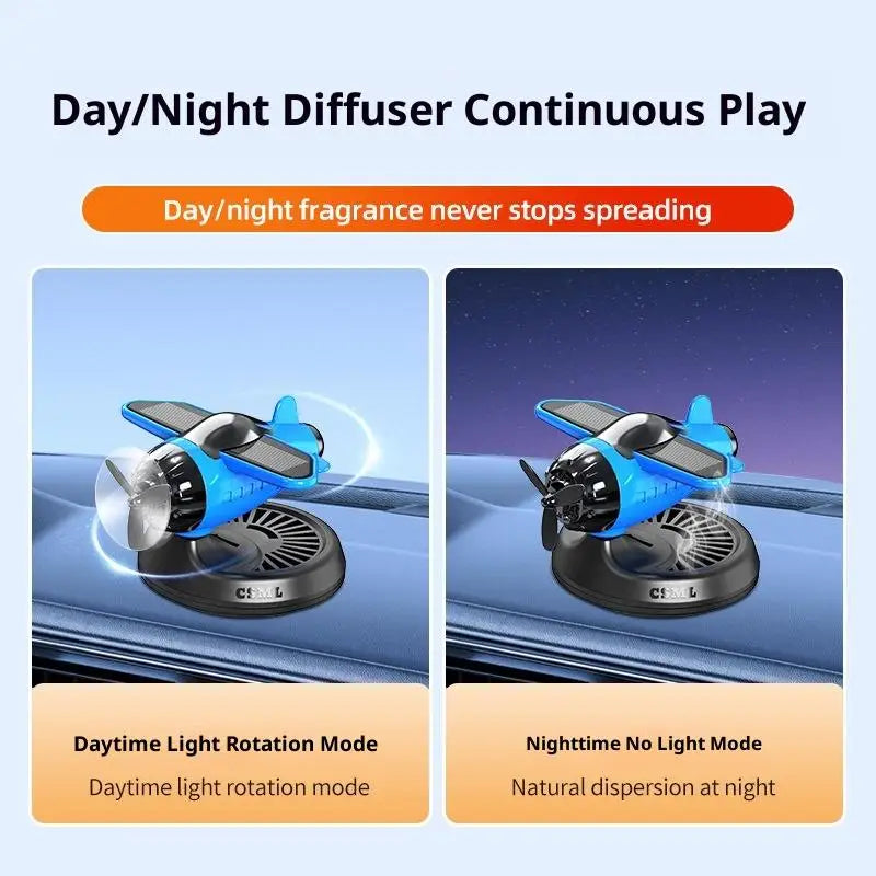 Air Freshening Diffuser with Rotating Aircraft Shape Design; Eco-friendly Solar Powered Operated for Vehicles