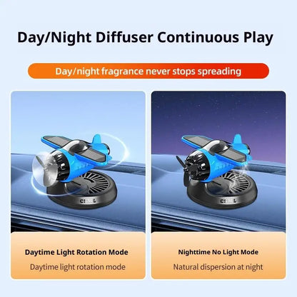 Air Freshening Diffuser with Rotating Aircraft Shape Design; Eco-friendly Solar Powered Operated for Vehicles