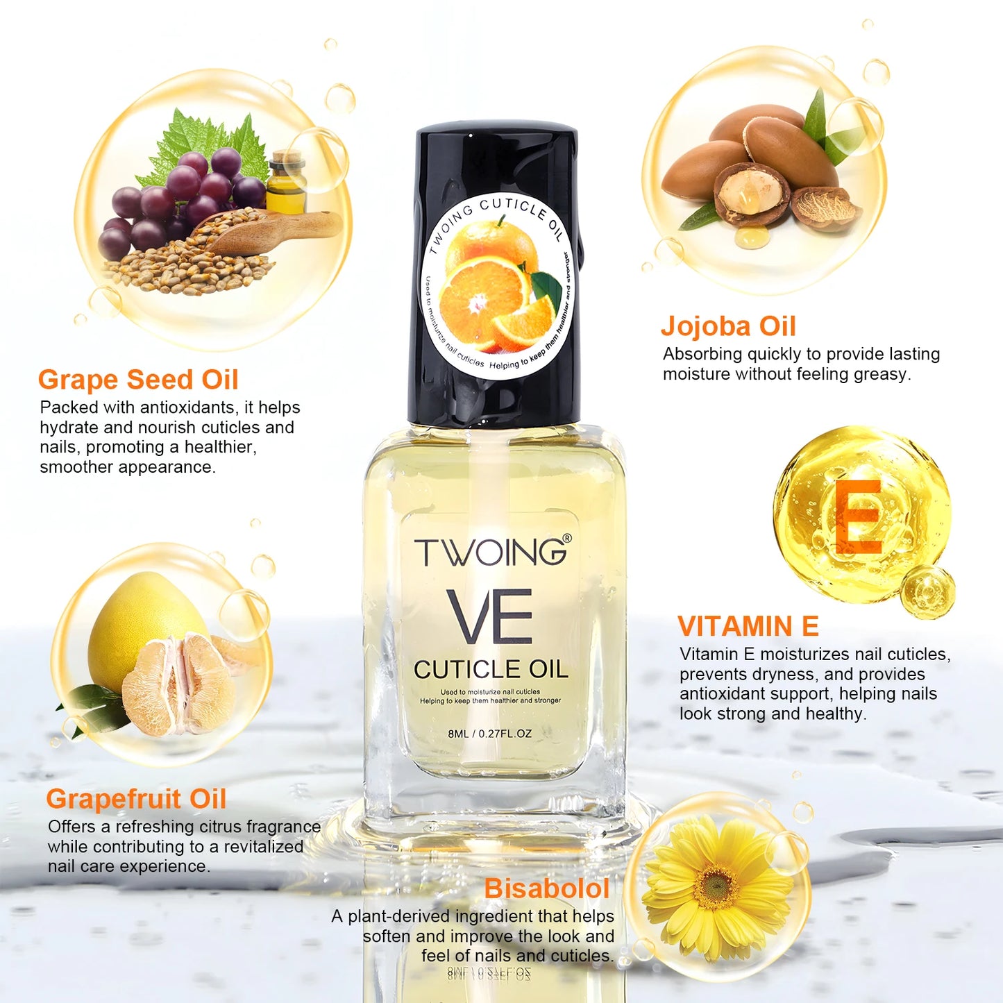 TWOING Vitamin E Nail Care Oils，Nail Cuticle Hydration & Nail Strengthening, Deeply Moisturizing for Healthier,Shinier,Nails 8ML