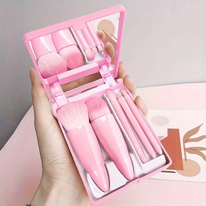 5Pcs Portable Makeup Brush Set With Mirror -  Foldable Travel Kit ，Mini Makeup Brush Set Travel Makeup Brush Set