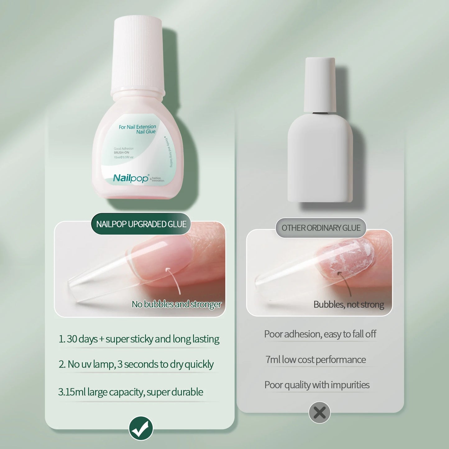 Nailpop 15ml Brush On Nail Glue Easy Application Long-Lasting Super Strong Nail Bond for Acrylic Nails Nail Tips Press On Nails