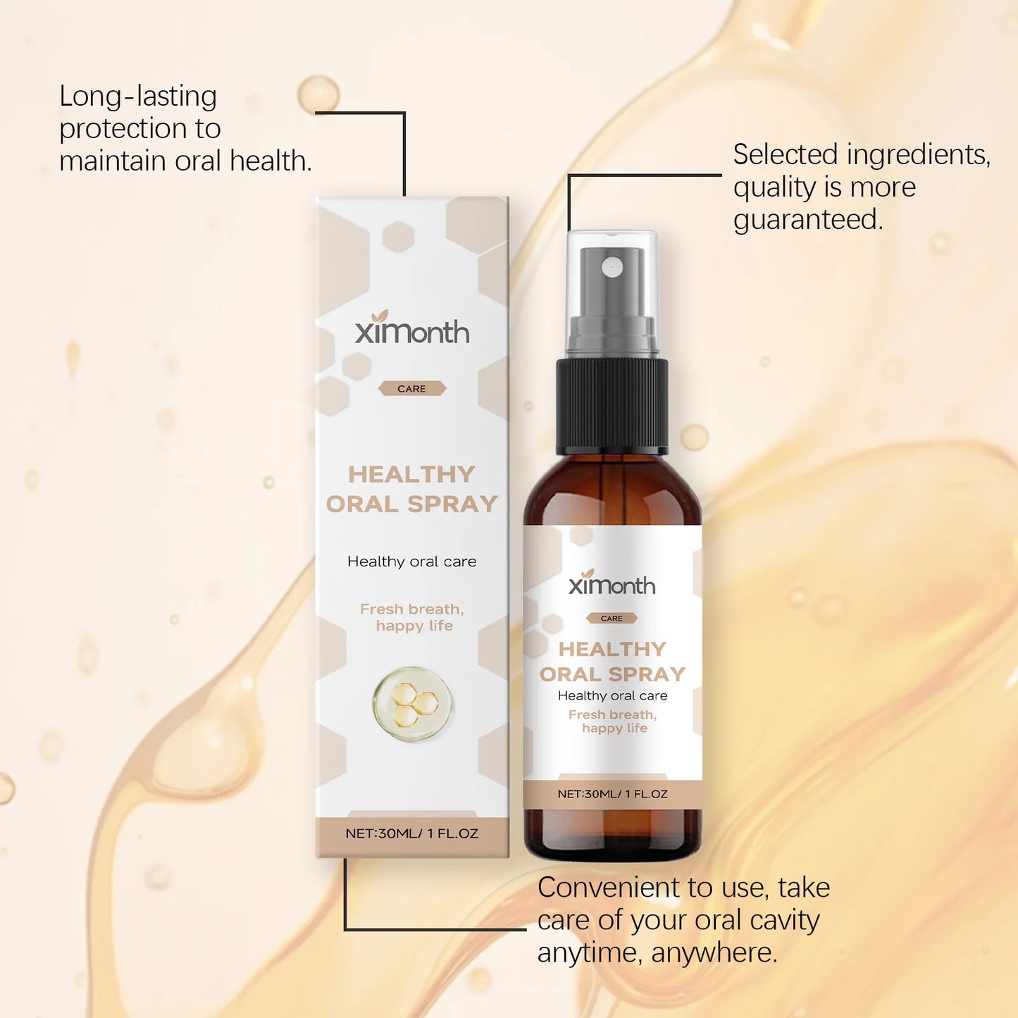 XIMONTH Healthy Oral Spray Propolis Freshen Breath Long-Lasting Protection Selected Ingredients Convenient To Use Small Portable