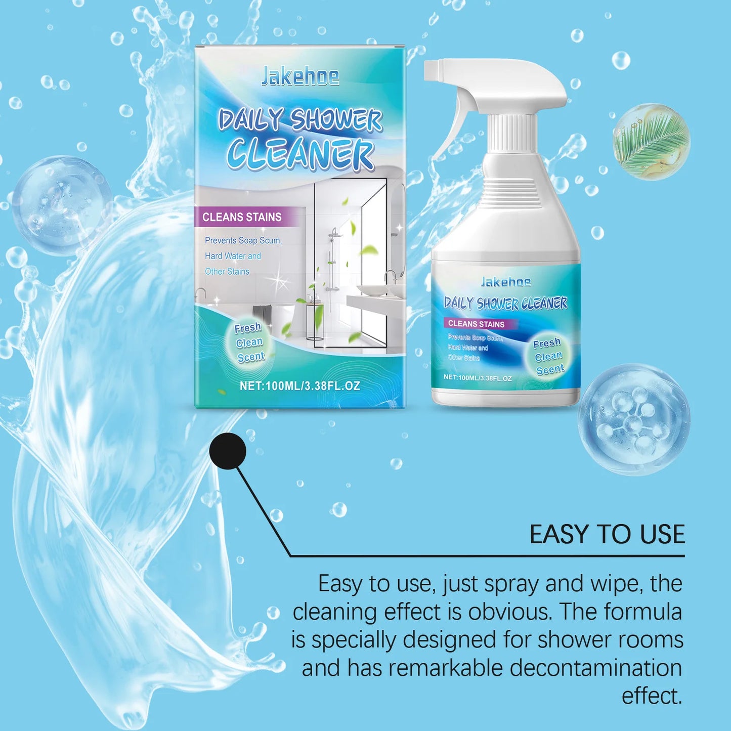 Jakehoe  Daily Shower Cleaner No-Rinse, No-Scrub, Daily Spray for Glass, Tile, Grout, Fresh Clean Scent