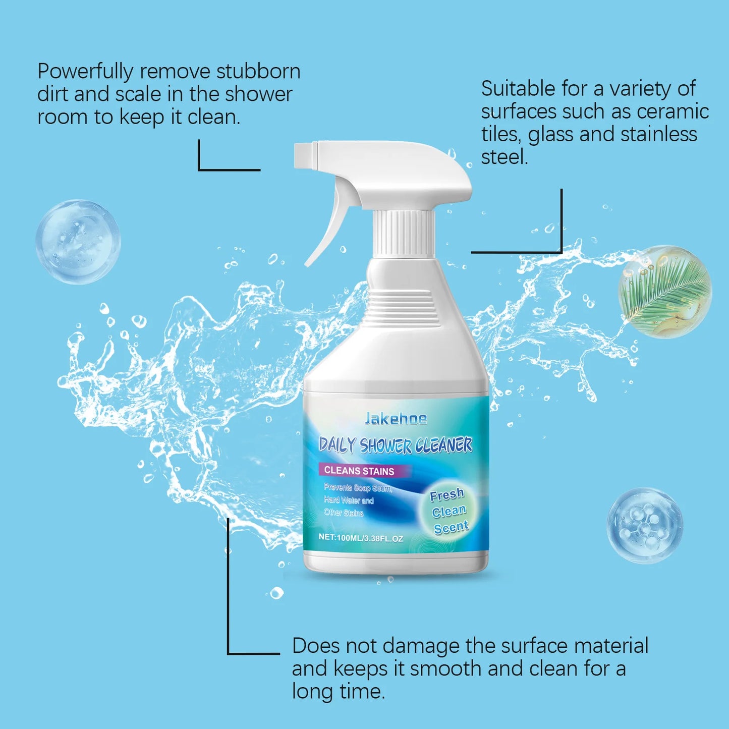 Jakehoe  Daily Shower Cleaner No-Rinse, No-Scrub, Daily Spray for Glass, Tile, Grout, Fresh Clean Scent
