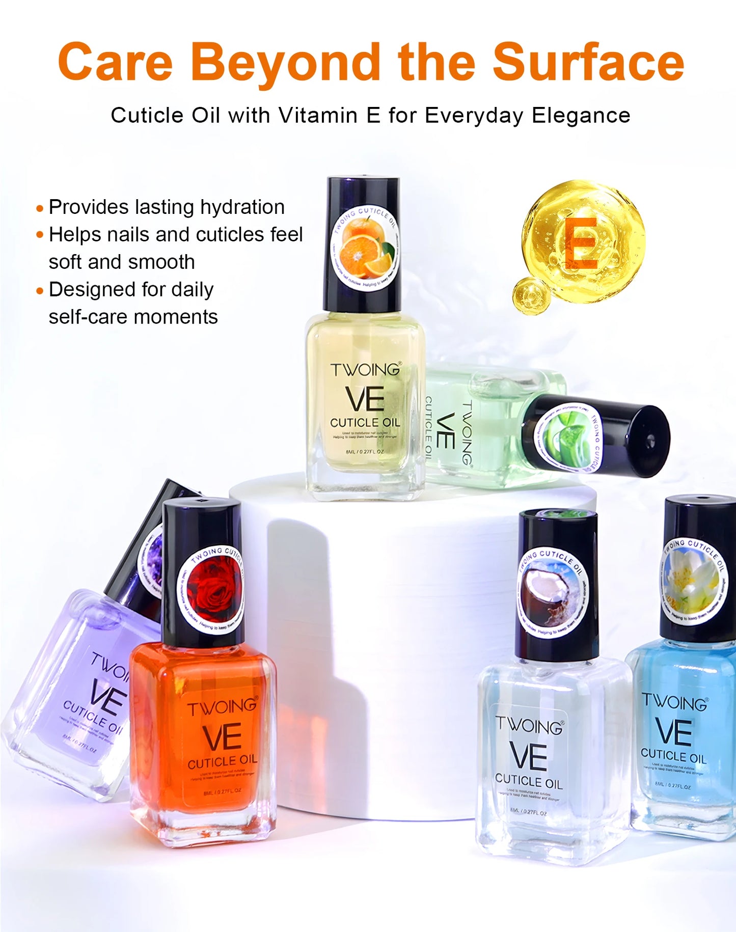 TWOING Vitamin E Nail Care Oils，Nail Cuticle Hydration & Nail Strengthening, Deeply Moisturizing for Healthier,Shinier,Nails 8ML