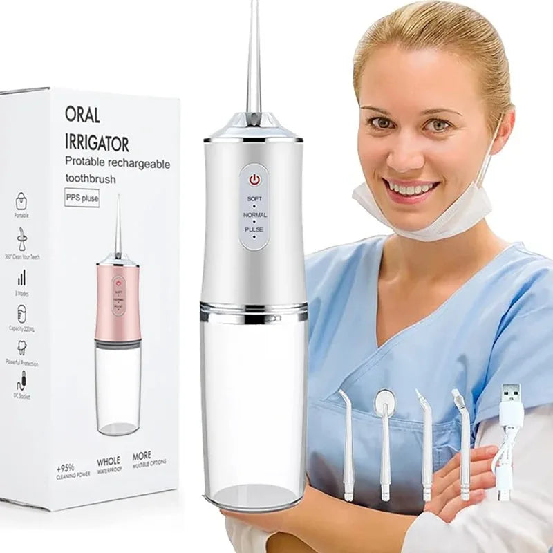 Oral Irrigator Portable Dental Water Flosser USB Rechargeable Water Jet Floss Tooth Pick 4 Jet Tip 220ml 3 Modes Dental Cleaner