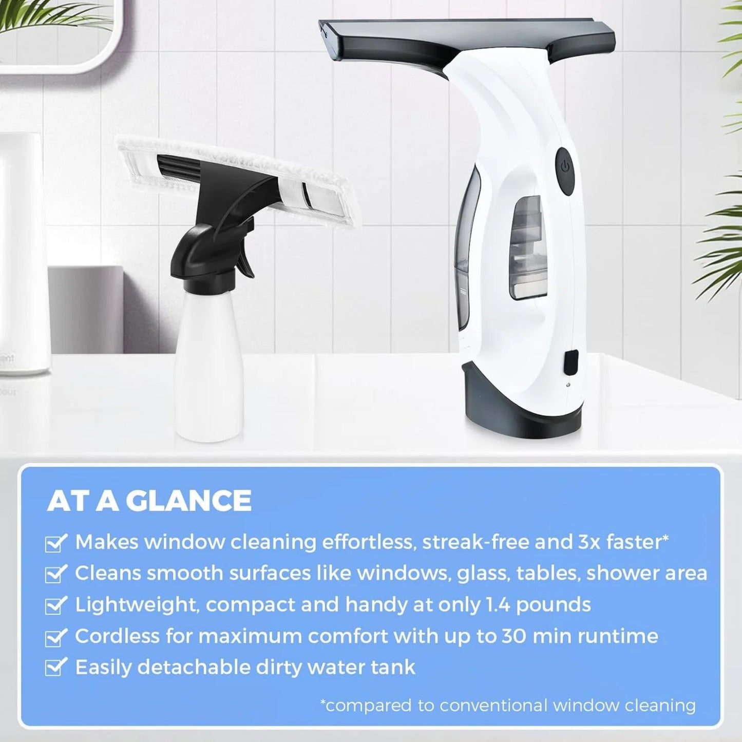 Cordless Window Vacuum Cleaner Rechargable 3-in-1 Spray/Clean/Suck Window Cleaning Tool Set for Showers Mirrors Tiles Home Use