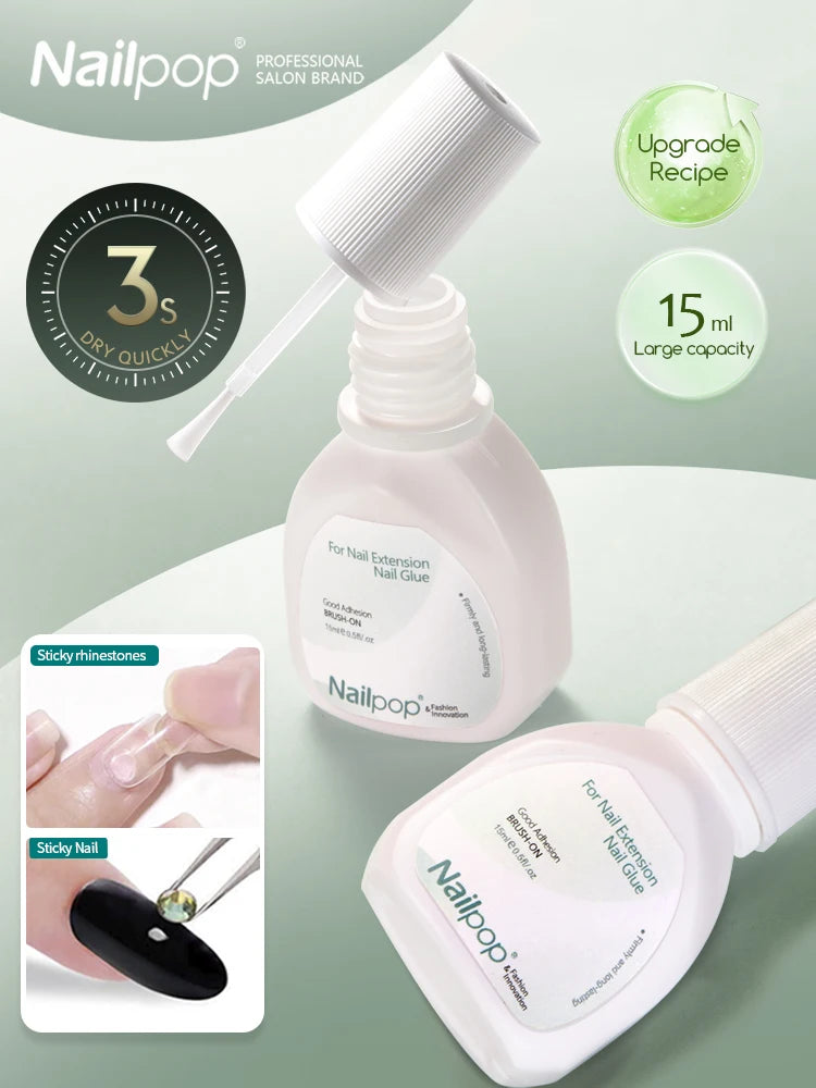 Nailpop 15ml Brush On Nail Glue Easy Application Long-Lasting Super Strong Nail Bond for Acrylic Nails Nail Tips Press On Nails