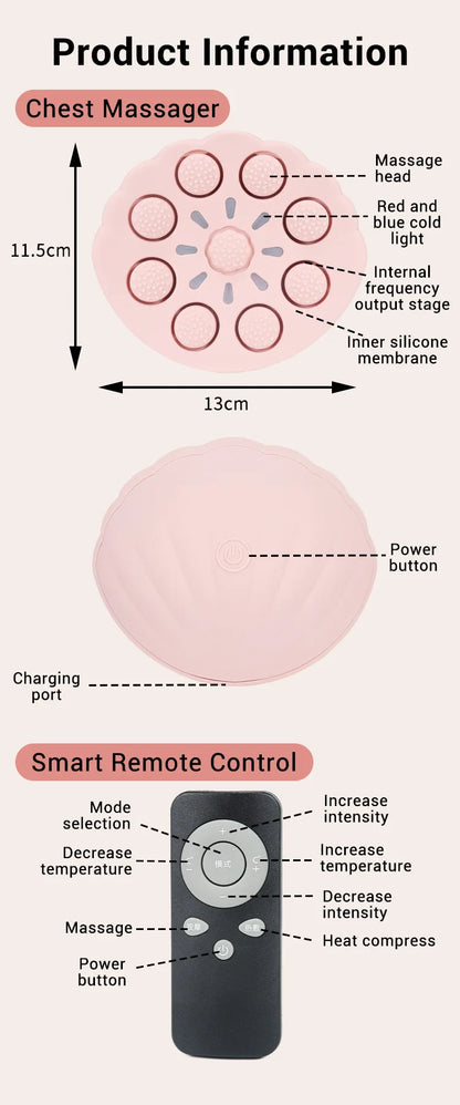 Breast Massager with Heat and Red Blue Light Therapy - 6 Modes 6 Intensity Electric Massage for Firming, Lifting and Skin Care,