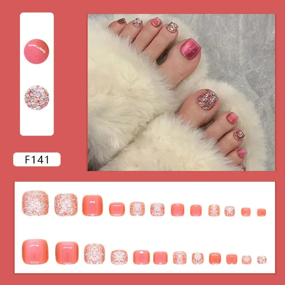 Nail Tips Short Square Fake Toenails French Simple Toe Nails Full Cover Cat Eye Foot Nails for Women Girl