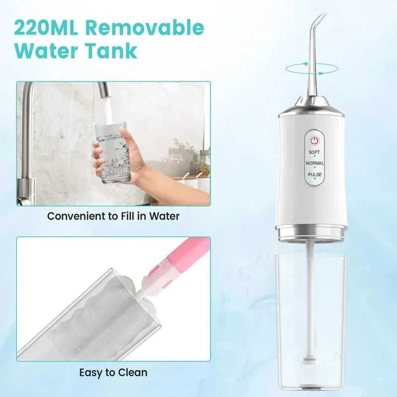 Oral Irrigator Portable Dental Water Flosser USB Rechargeable Water Jet Floss Tooth Pick 4 Jet Tip 220ml 3 Modes Dental Cleaner