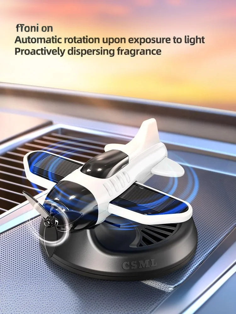 Air Freshening Diffuser with Rotating Aircraft Shape Design; Eco-friendly Solar Powered Operated for Vehicles