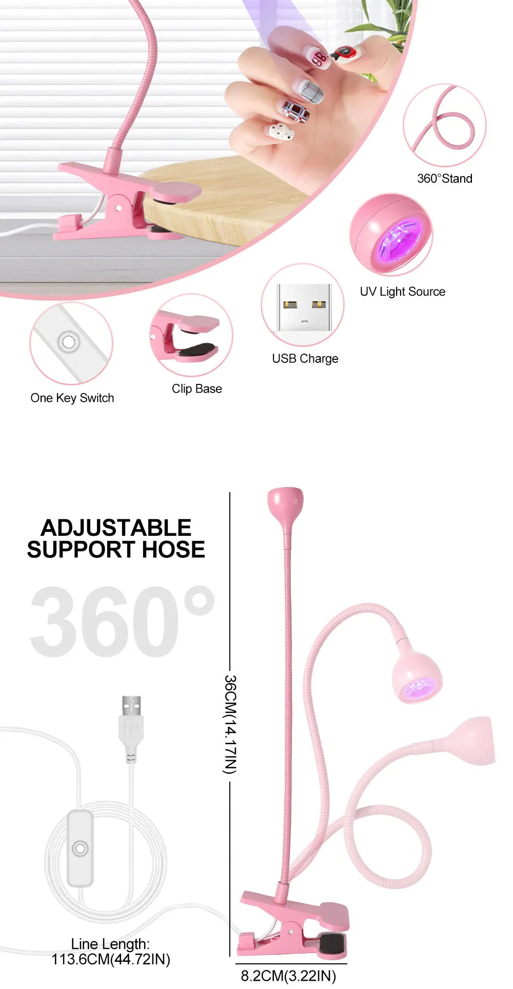 Nail LED UV Lamp for Drying Gel Nails Polish Clip-On Flexible Desk Mini Portable USB Nail Lamp UV Light Dryer for Manicure Salon