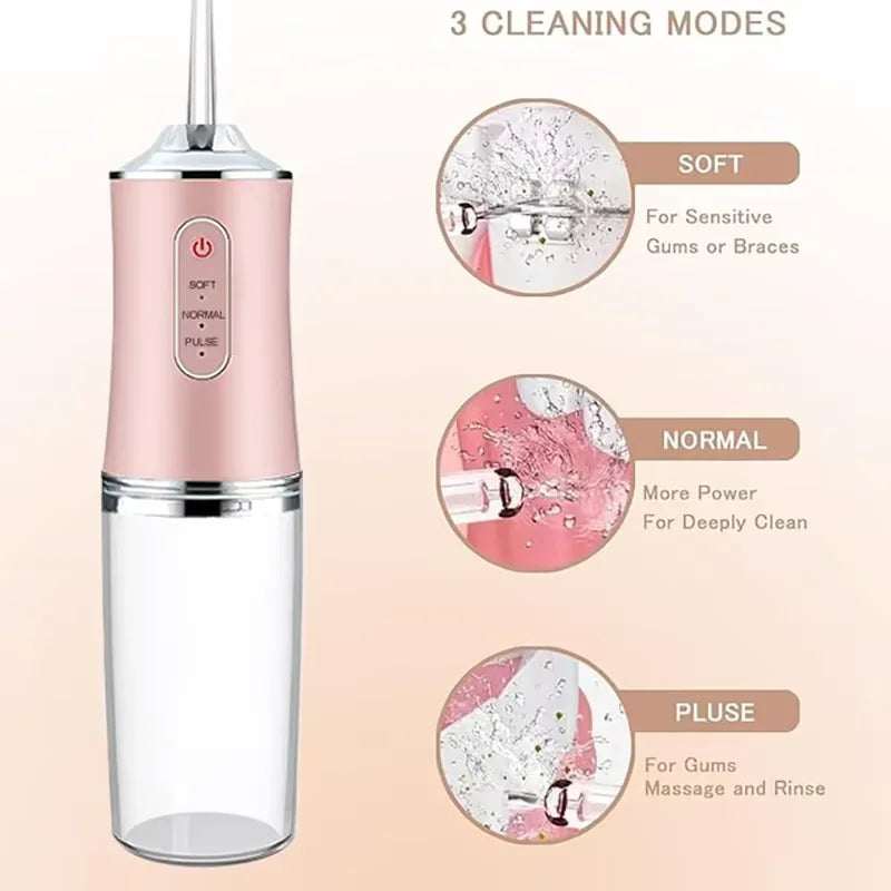 Oral Irrigator Portable Dental Water Flosser USB Rechargeable Water Jet Floss Tooth Pick 4 Jet Tip 220ml 3 Modes Dental Cleaner