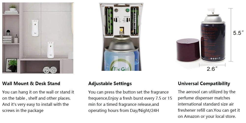 Air Freshener Spray Automatic Aerosol Dispenser Wall Mount/Free Standing Refillable Filling Fragrance for Home Room Office Hotel