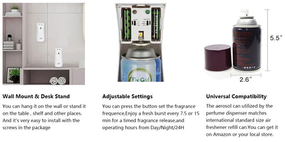 Air Freshener Spray Automatic Aerosol Dispenser Wall Mount/Free Standing Refillable Filling Fragrance for Home Room Office Hotel