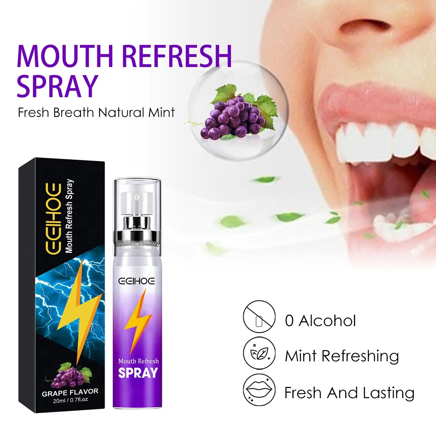 Mouth Freshener Spray Oral Spray Remove Bad Smoke Breath Long Lasting Sweet Fruity Grape Flavor Portable Kissing Cleaning Spray