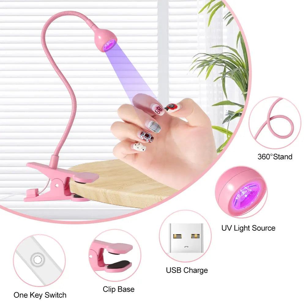 Nail LED UV Lamp for Drying Gel Nails Polish Clip-On Flexible Desk Mini Portable USB Nail Lamp UV Light Dryer for Manicure Salon