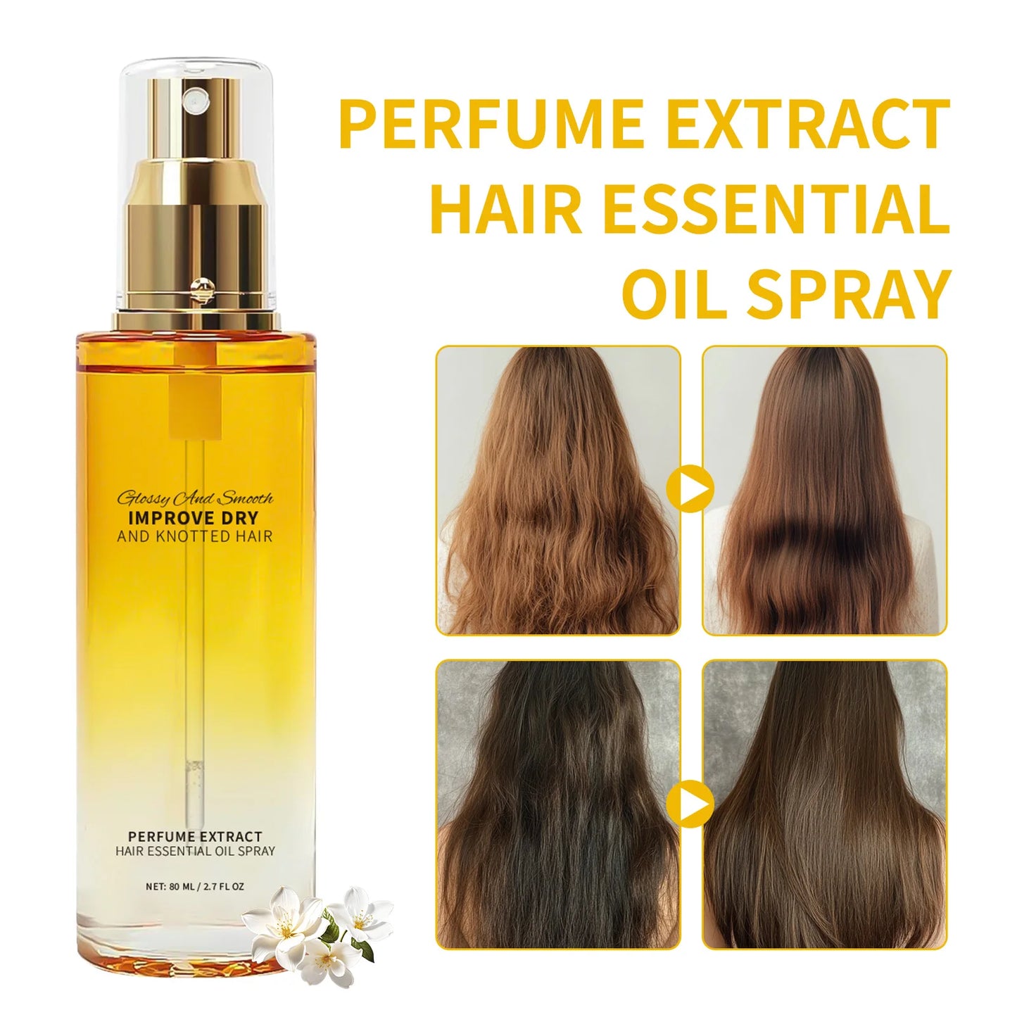 Hair Perfume Essential Oil Spray 80ml Glossy & Smooth Fix Dry &Knotted Hair Frizz Control Heat Protection Prevent Split Ends Oil