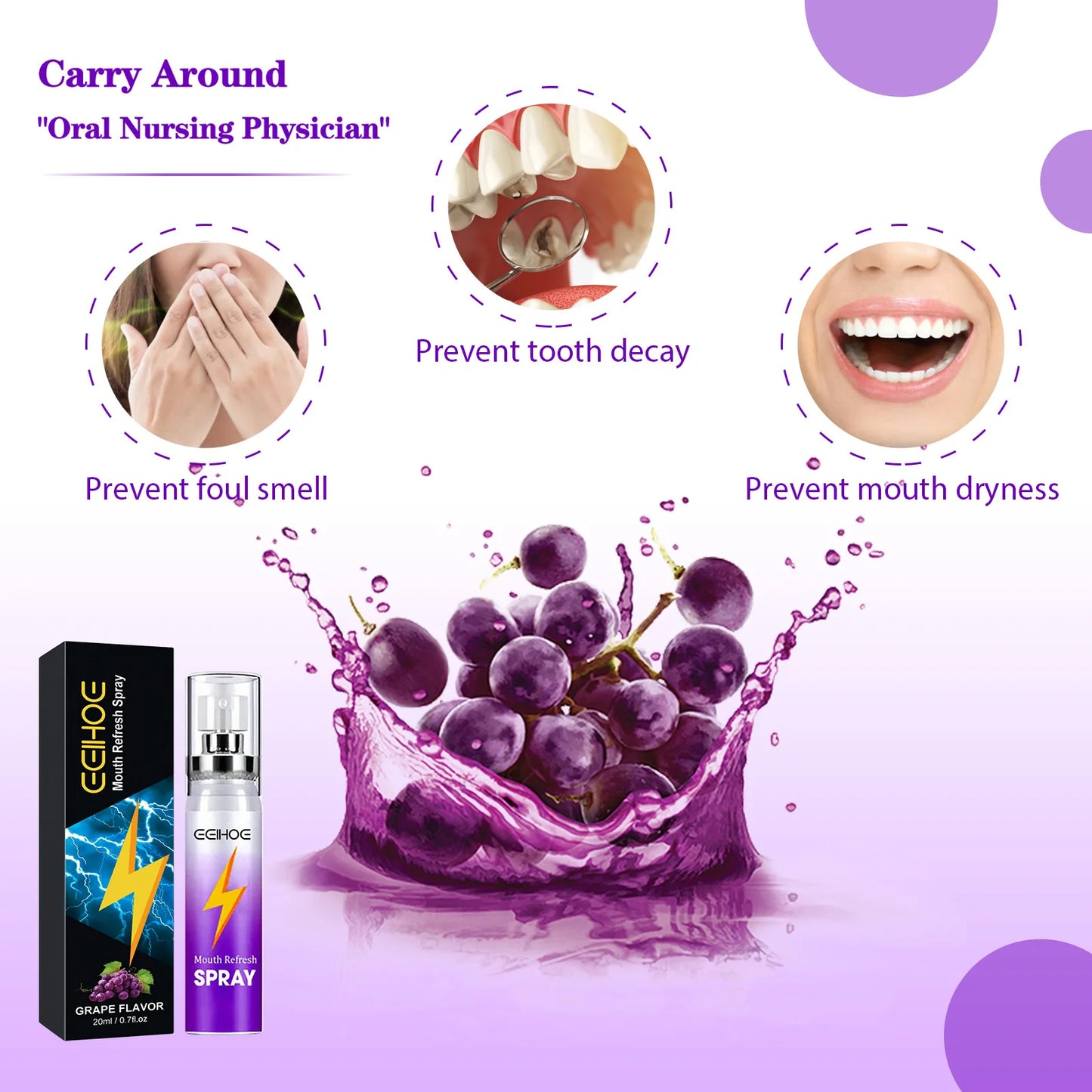Mouth Freshener Spray Oral Spray Remove Bad Smoke Breath Long Lasting Sweet Fruity Grape Flavor Portable Kissing Cleaning Spray
