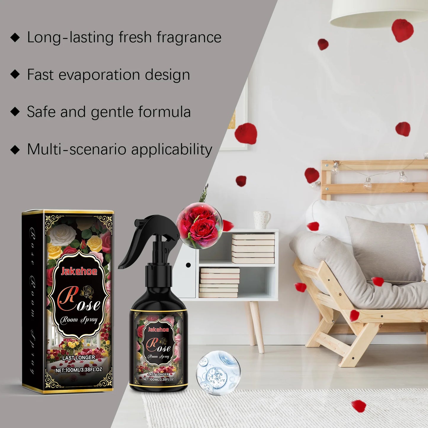 Rose Scented Room Spray 100ml Long Lasting Air Freshener for Bedroom Bathroom Office Instant Odor Eliminator Natural Fragrance