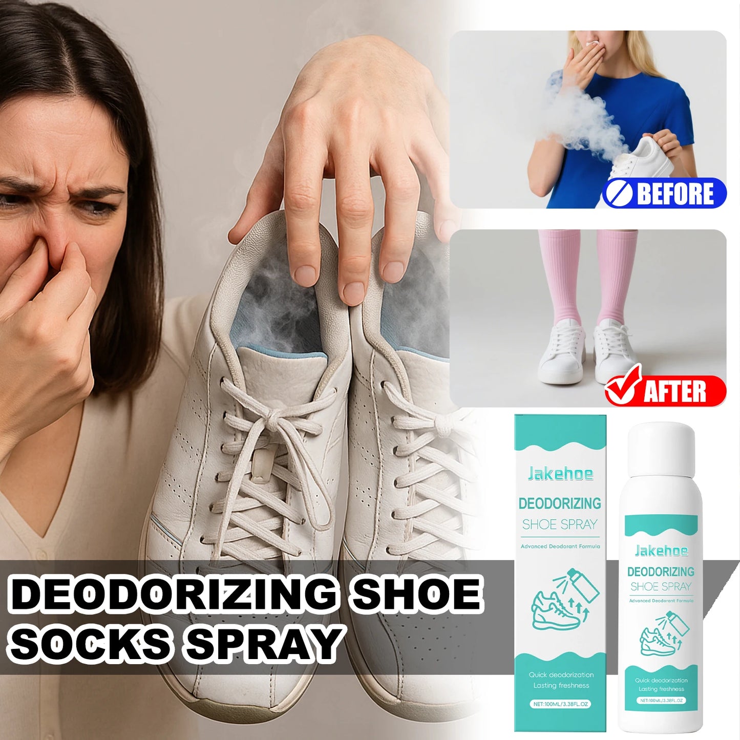 JAKEHOE 100ml Deodorizing Shoe Socks Spray Quickly Dry & Refresh Long-lasting Suppress Odors Portable Design Used at Home Office